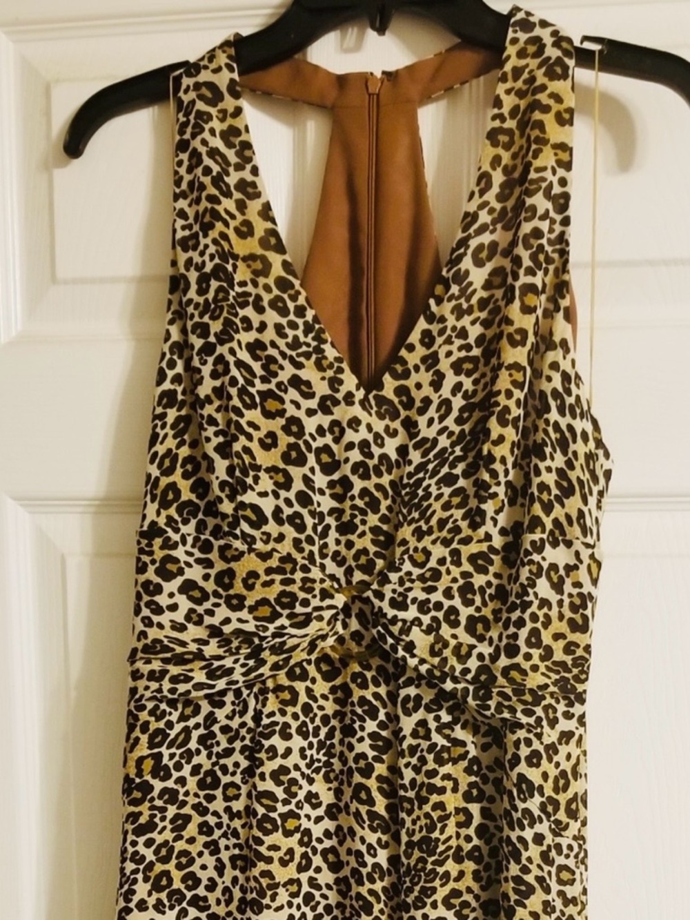 Donna Morgan 100% Silk Leopard Print Backless Dress in Tan, Black, Cream Size 10